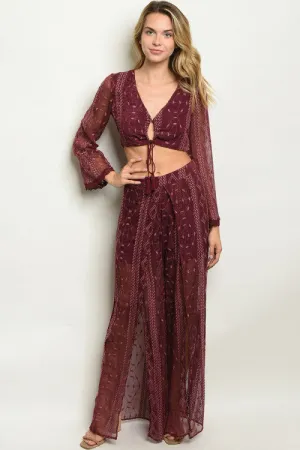 2pc Burgundy Crop Top and Palazzo Pants Set