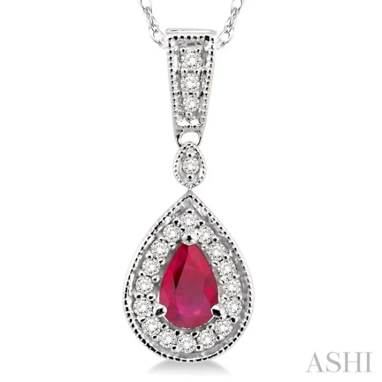 6x4mm Pear Shape Ruby and 1/6 Ctw Round Cut Diamond Pendant in 14K White Gold with Chain