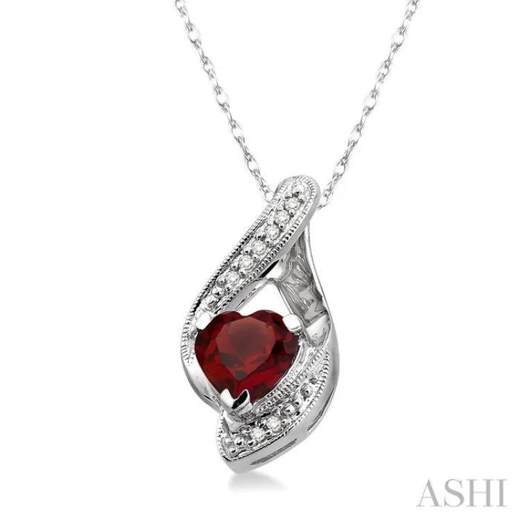 7mm Heart Shape Garnet and 1/20 Ctw Single Cut Diamond Pendant in 14K White Gold with Chain