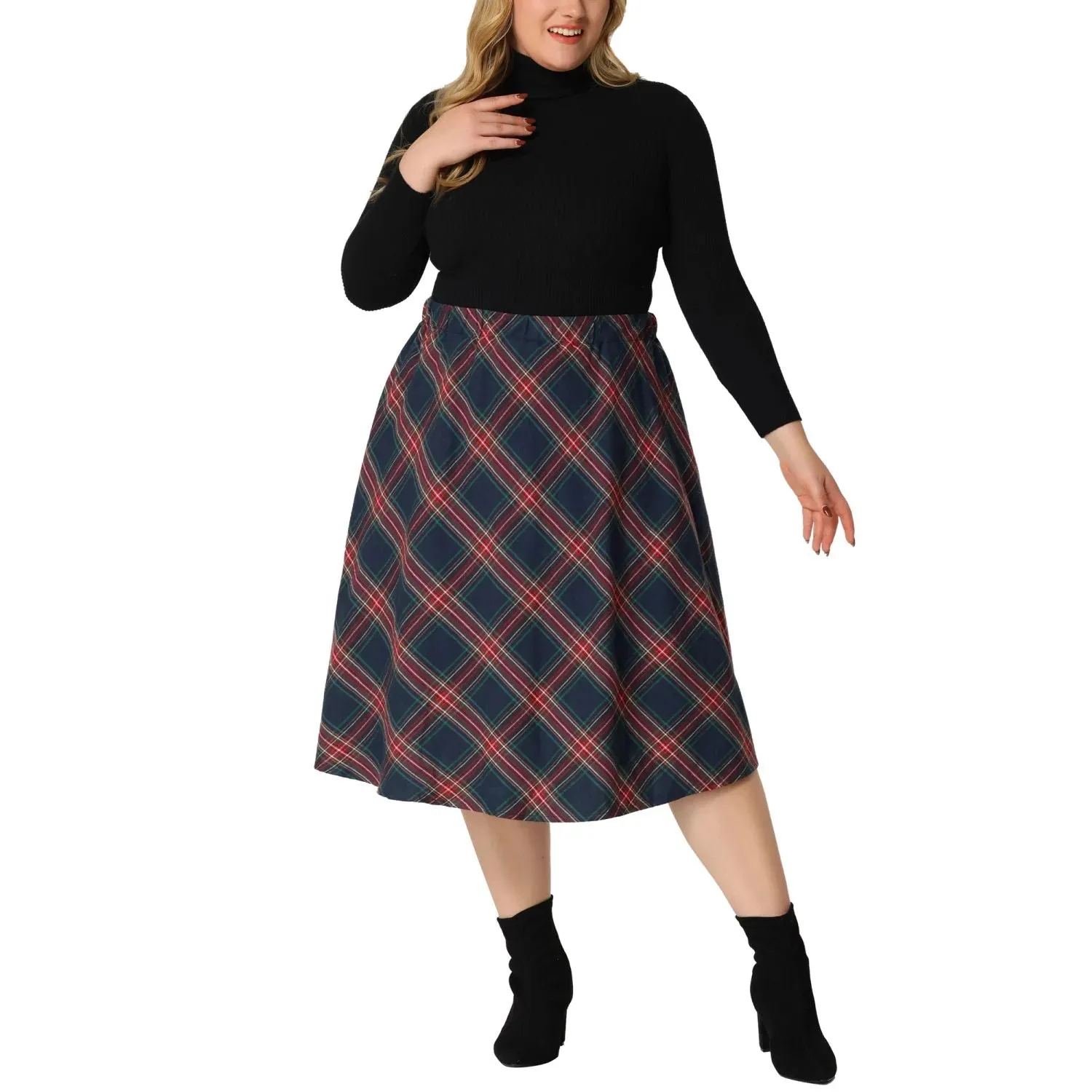 Agnes Orinda Women's Plus Size Knee Length Plaid Flared Skirt