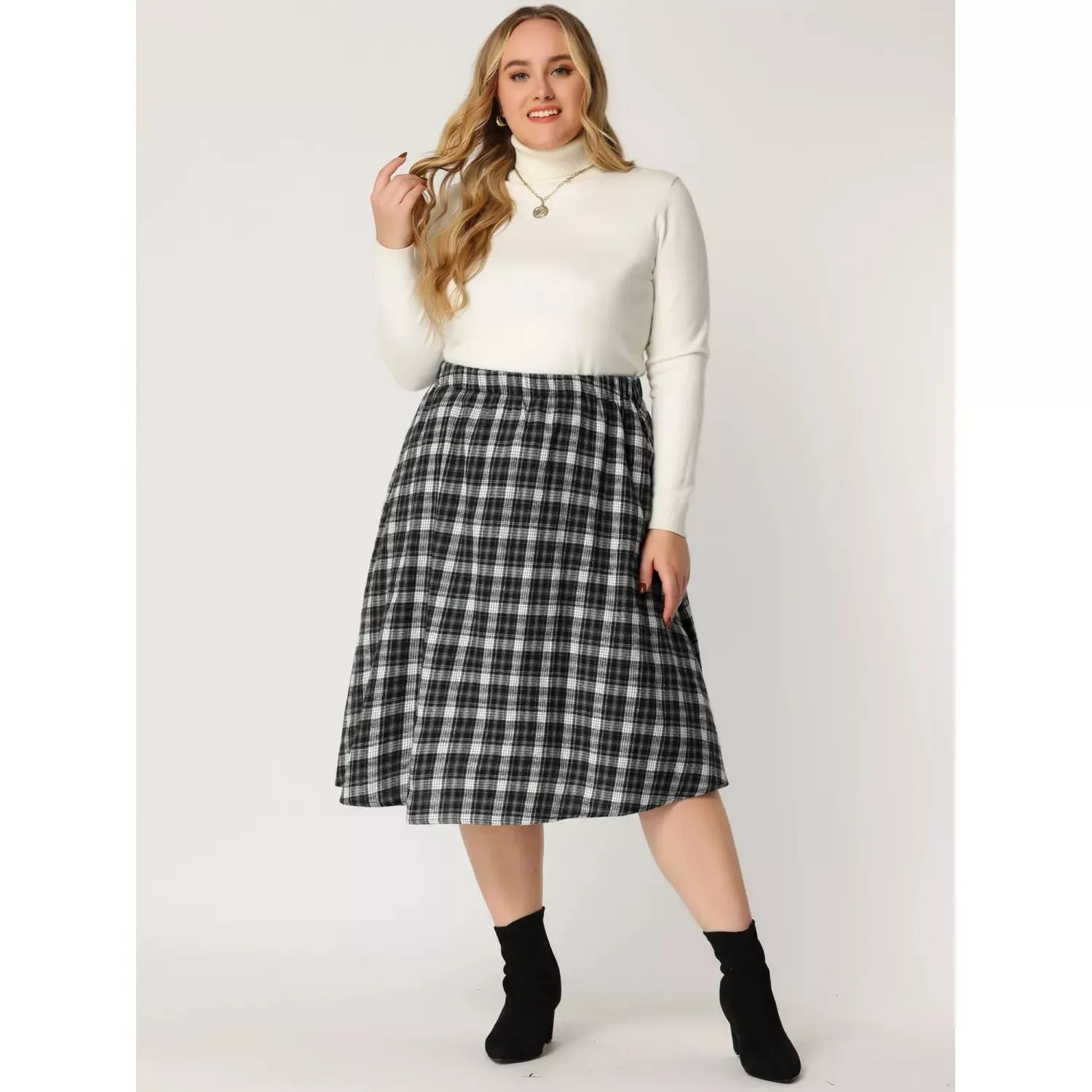 Agnes Orinda Women's Plus Size Knee Length Plaid Flared Skirt