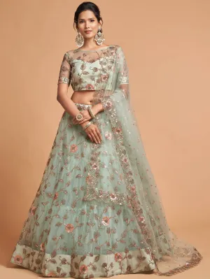 Alluring Sky Blue Thread Embroidery Party Wear Net Lehenga Choli