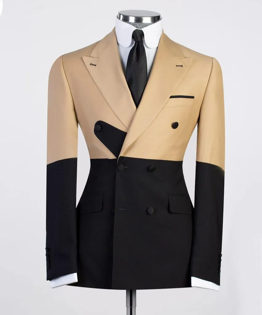 Beige and Black Double-Breasted Suit