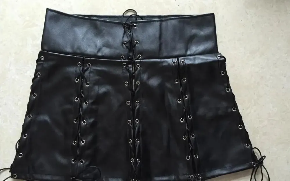 Black Lace Up PU Leather Skirt