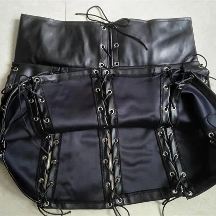 Black Lace Up PU Leather Skirt