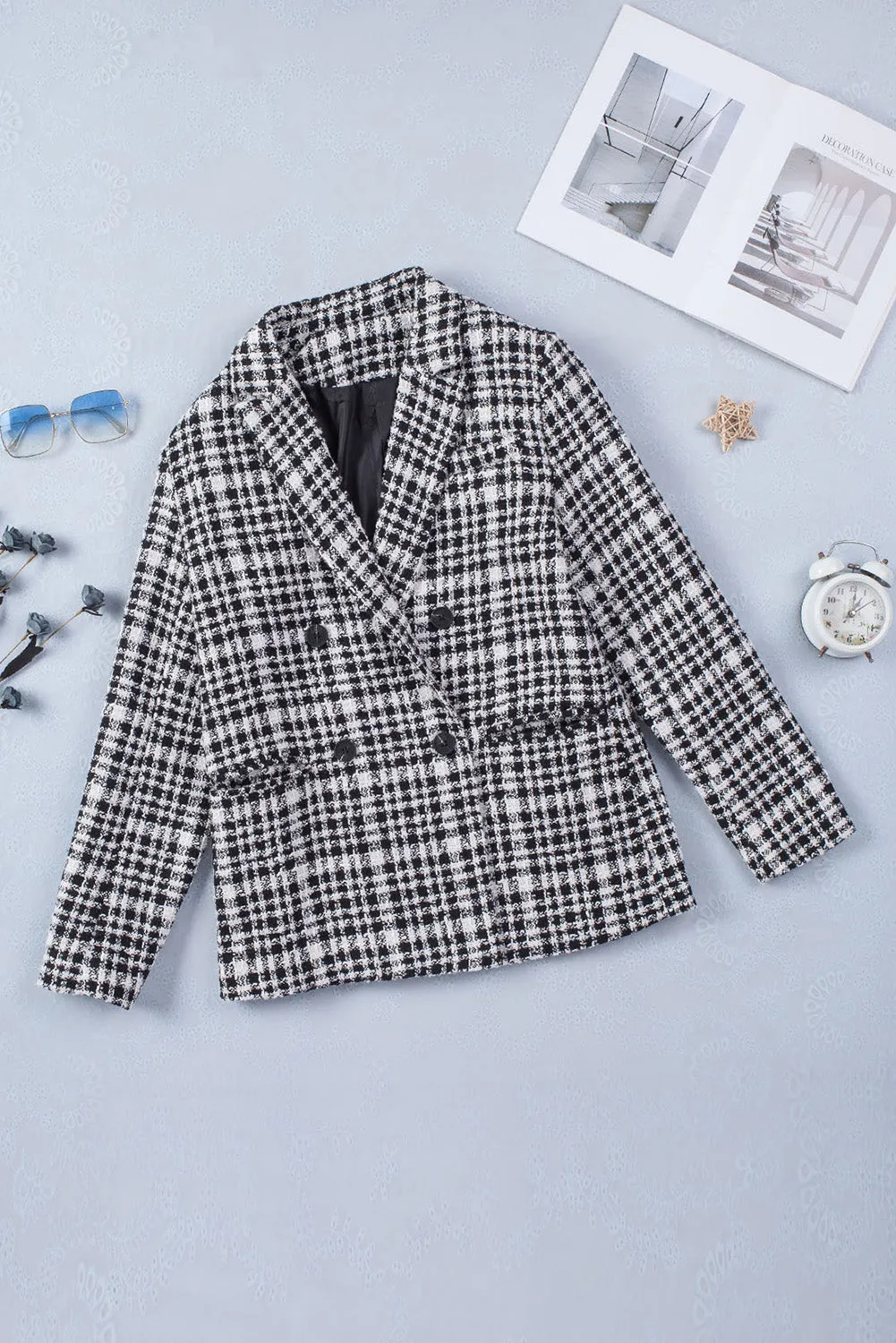 Black Lapel Collar Buttoned Gingham Tweed Blazer