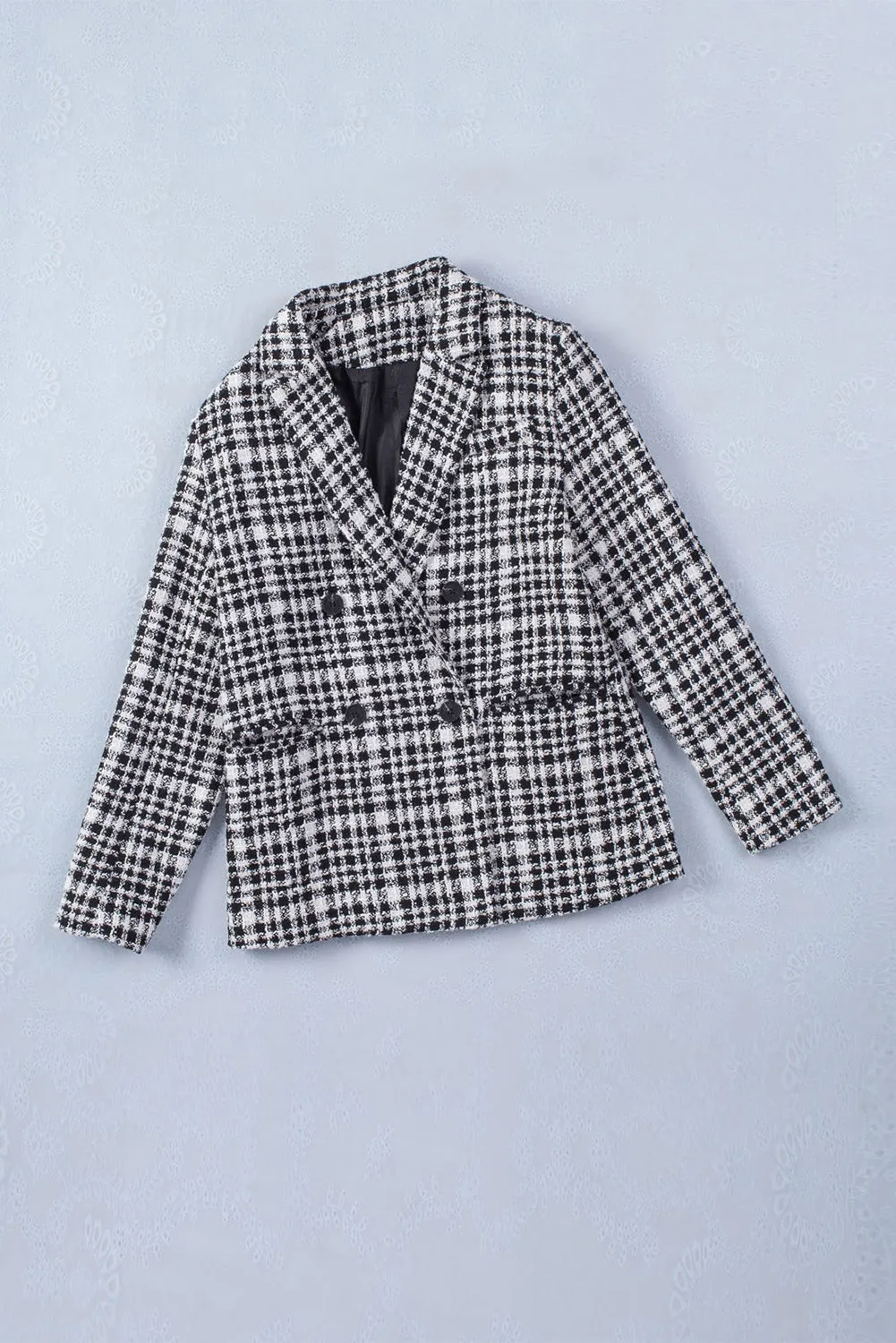 Black Lapel Collar Buttoned Gingham Tweed Blazer