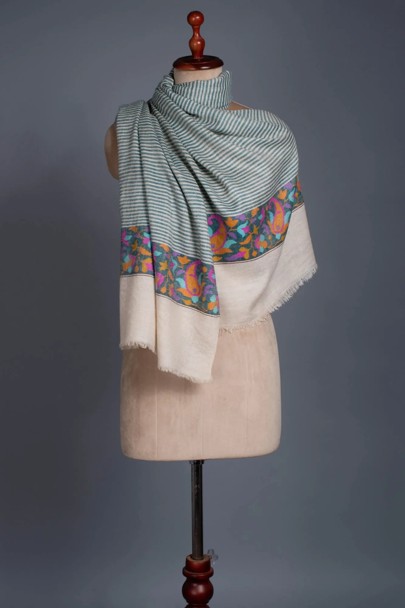 Blue and White Stripes Kani Pashmina Scarf - OLVERA