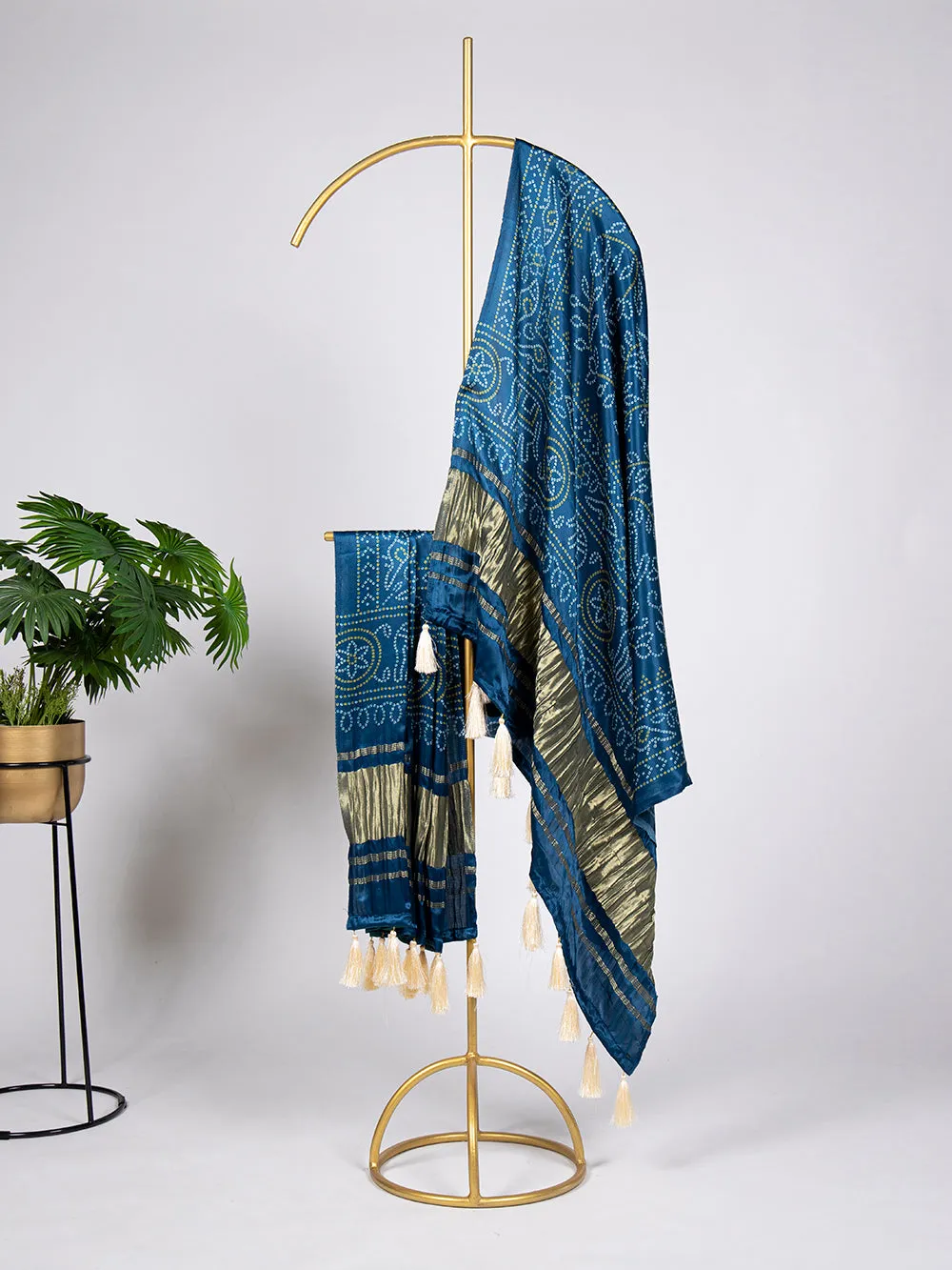 Blue Color Bandhni Printed Gaji Silk Dupatta With Tassels