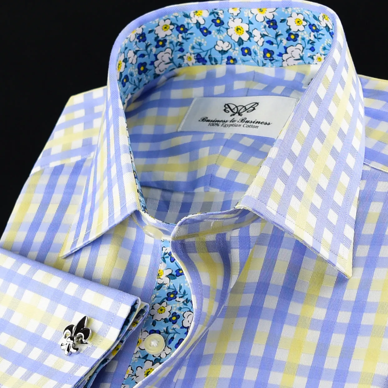 Blue Yellow Check Formal Business Dress Shirt Italian Floral Daisy Inner Lining