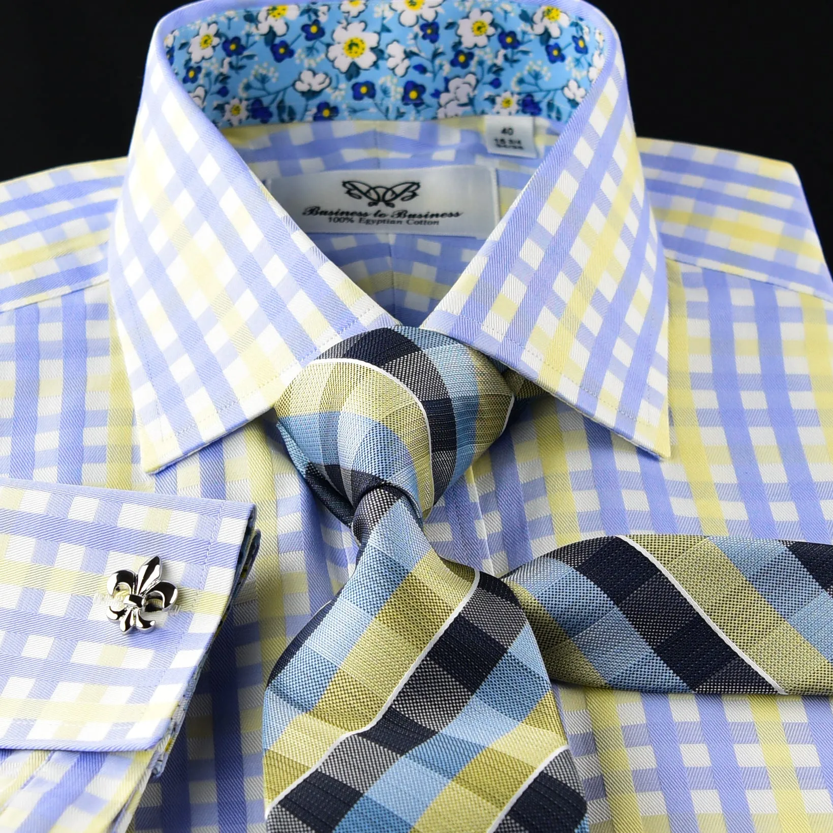 Blue Yellow Check Formal Business Dress Shirt Italian Floral Daisy Inner Lining