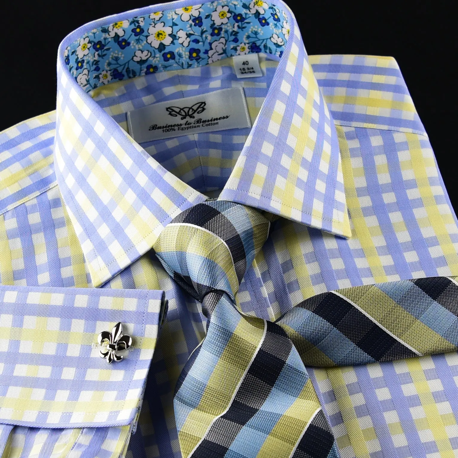 Blue Yellow Check Formal Business Dress Shirt Italian Floral Daisy Inner Lining