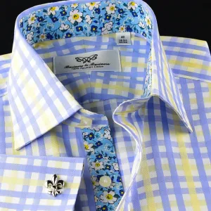 Blue Yellow Check Formal Business Dress Shirt Italian Floral Daisy Inner Lining