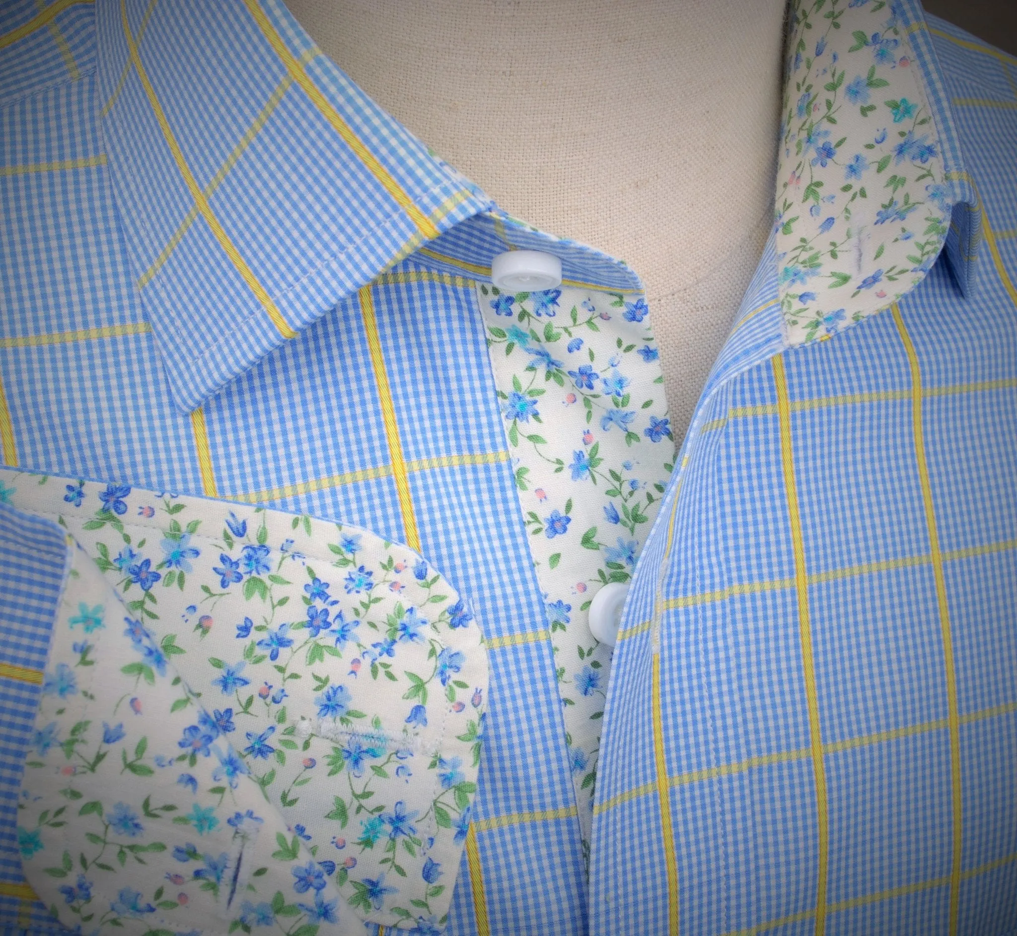 Blue Yellow Plaids & Checks Formal Business Dress Shirt Floral Fashion