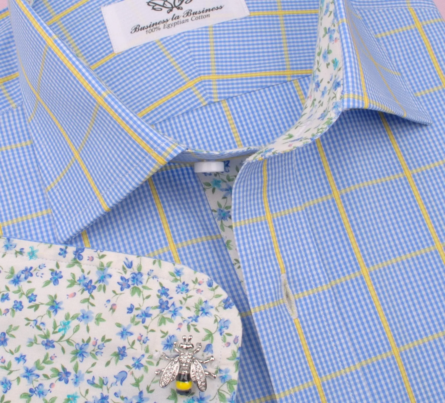 Blue Yellow Plaids & Checks Formal Business Dress Shirt Floral Fashion