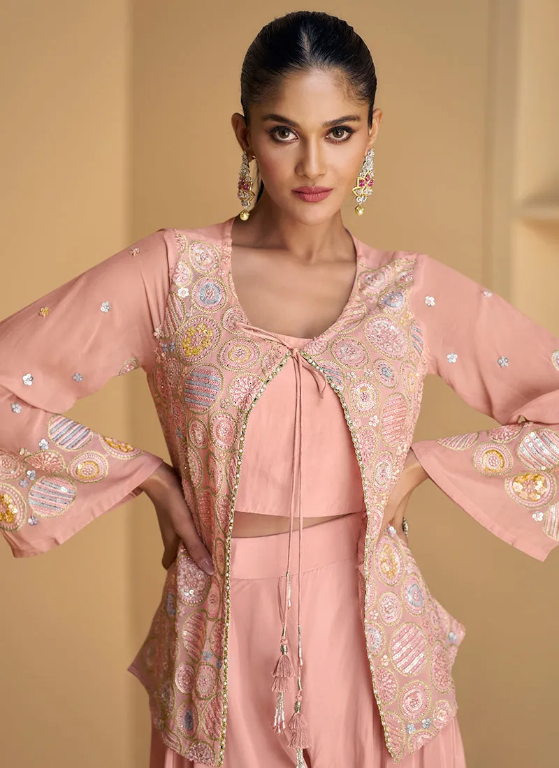 Blush Pink Sequence Embroidered Jacket Style Palazzo Suit