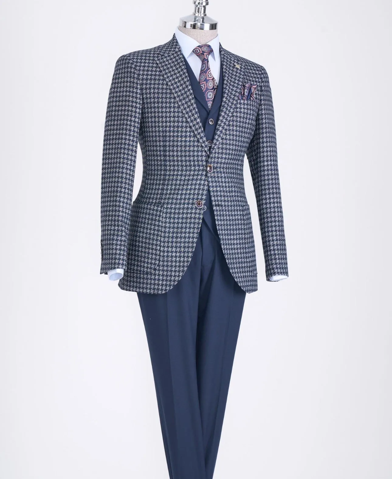 Bojoni Chicago Slim Fit Checked Navy Blue Suit