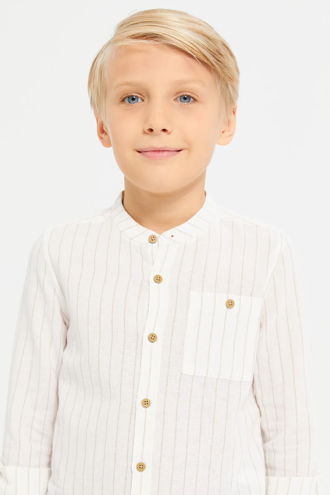 Boys White Mandarin Collar Shirt With Pocket