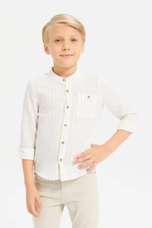 Boys White Mandarin Collar Shirt With Pocket