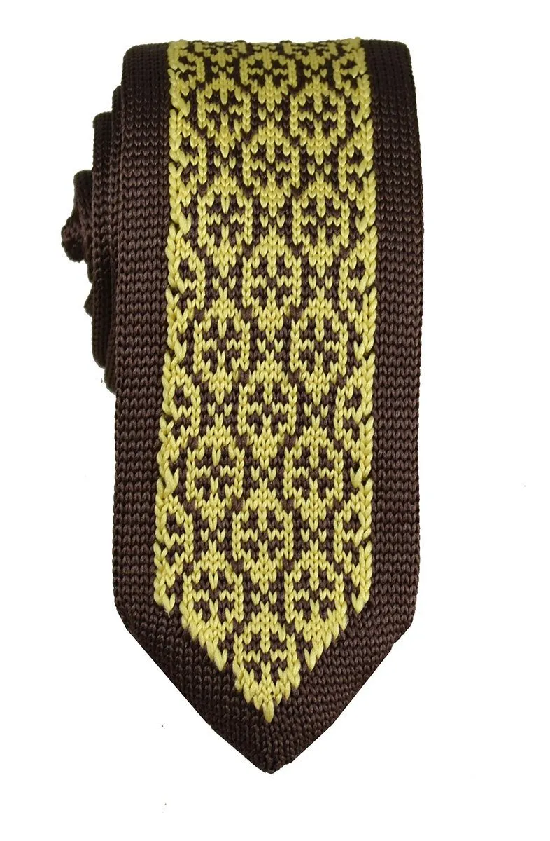 Brown and Gold Patterned Knit Tie by Paul Malone