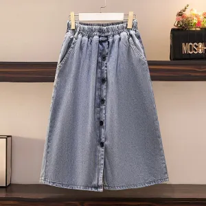 Buttoned Denim Knee Length Skirts