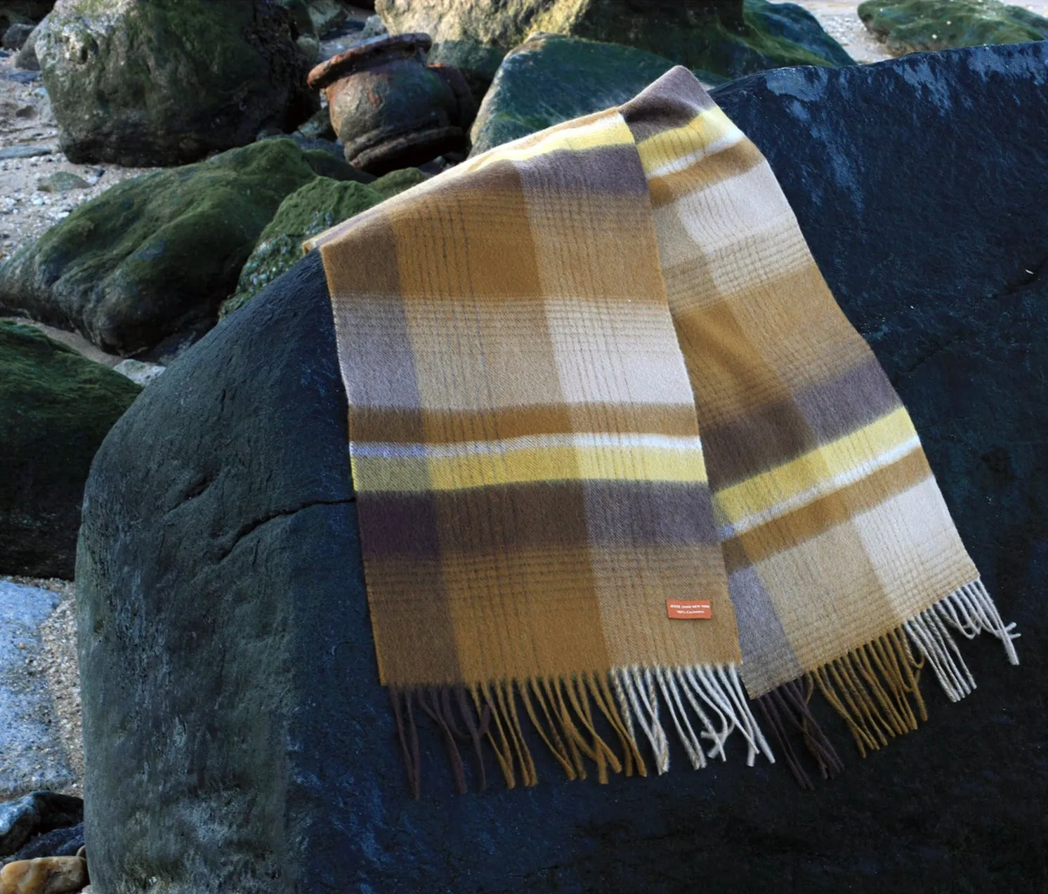 Cashmere Plaid Fringe Scarf - Ochre