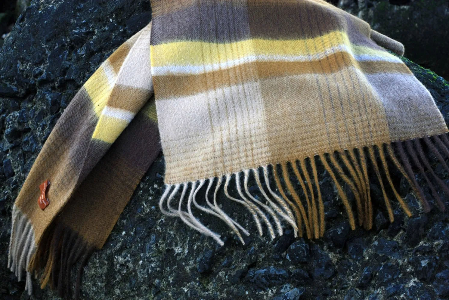 Cashmere Plaid Fringe Scarf - Ochre