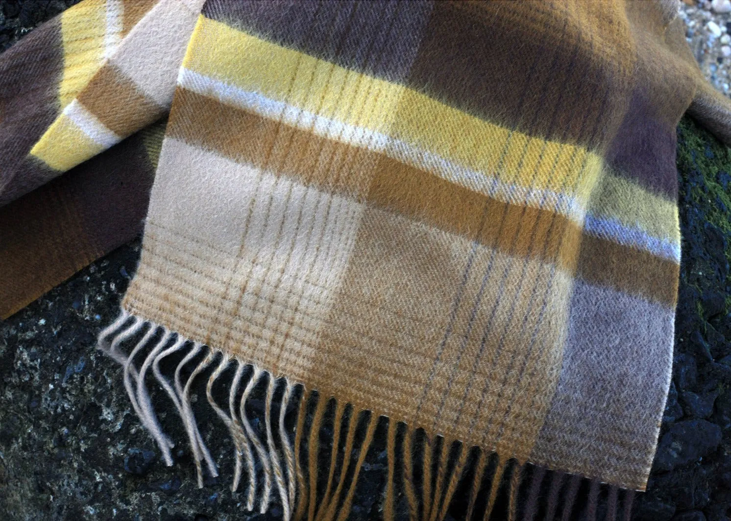 Cashmere Plaid Fringe Scarf - Ochre