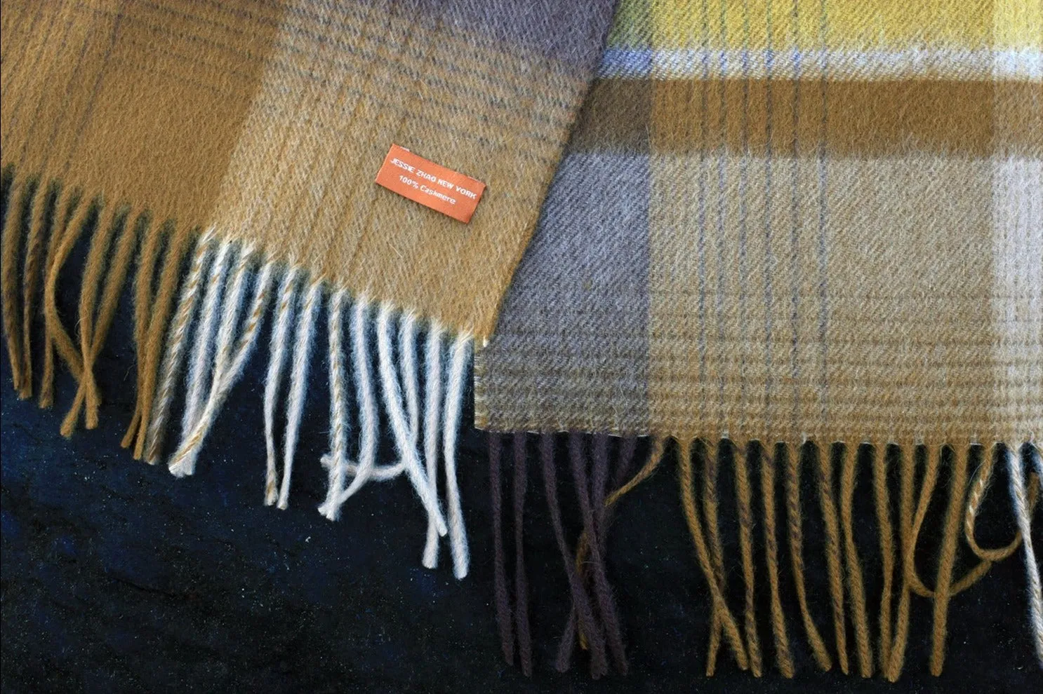 Cashmere Plaid Fringe Scarf - Ochre