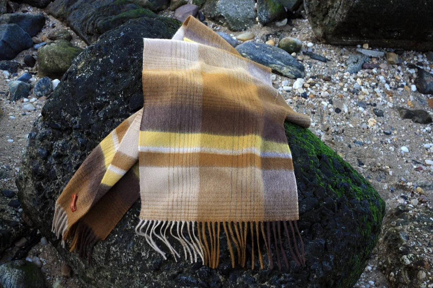 Cashmere Plaid Fringe Scarf - Ochre