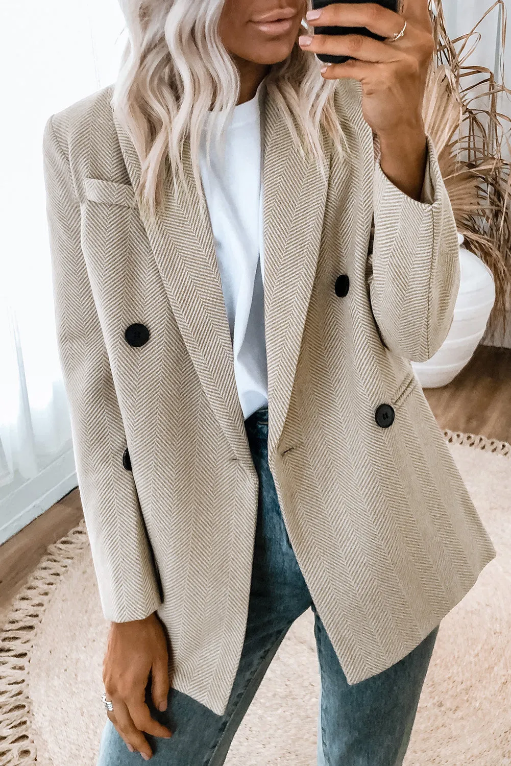 Chevron Ribbed Double Breasted Lapel Collar Blazer