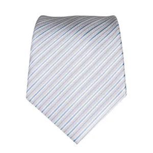 Classy Men Silver White Blue Striped Silk Tie