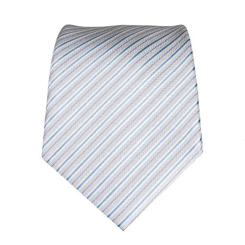 Classy Men Silver White Blue Striped Silk Tie