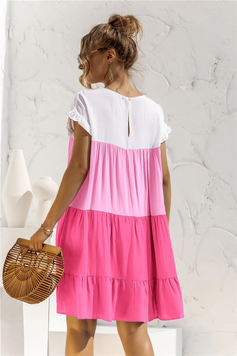 Color Block Round Neck Ruffle Hem Dress