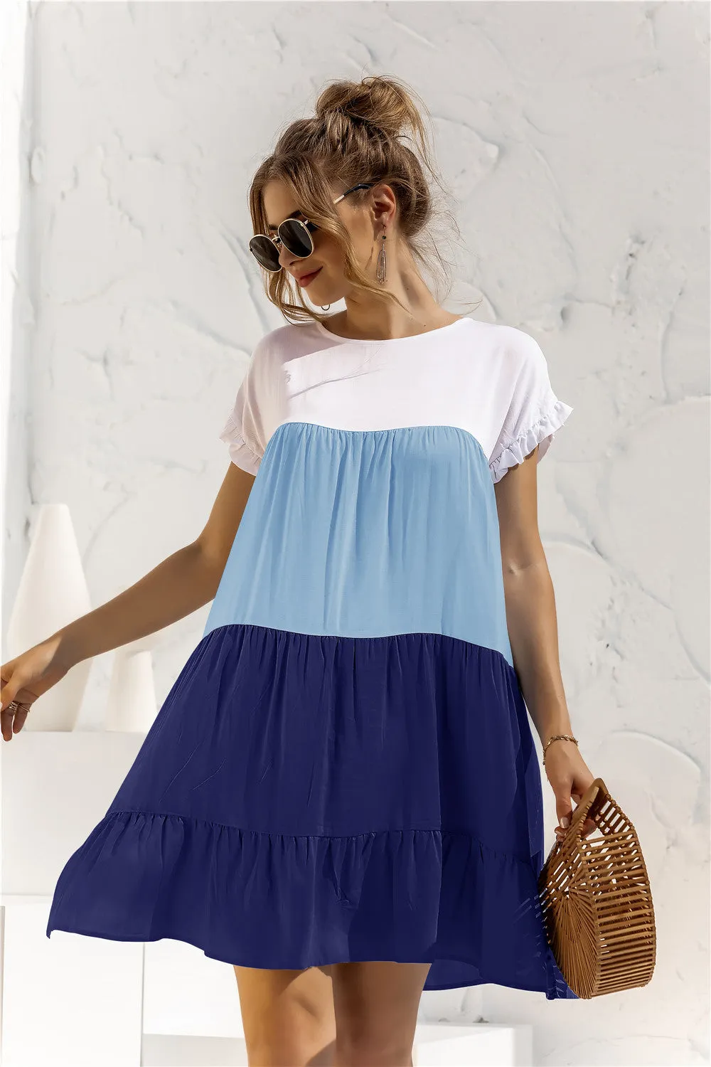 Color Block Round Neck Ruffle Hem Dress