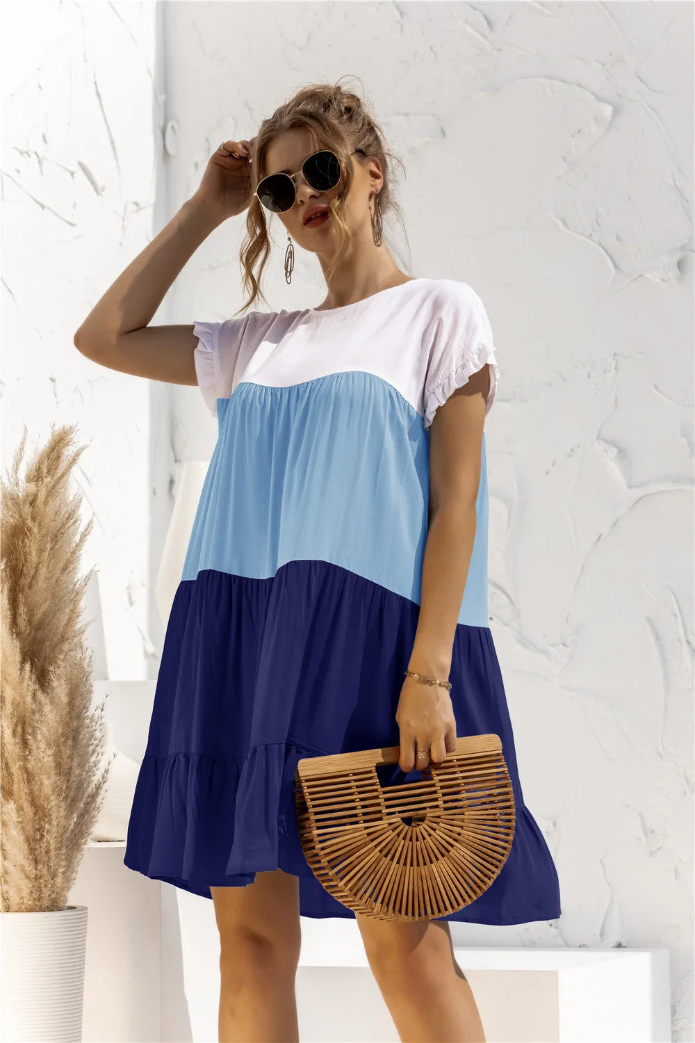 Color Block Round Neck Ruffle Hem Dress