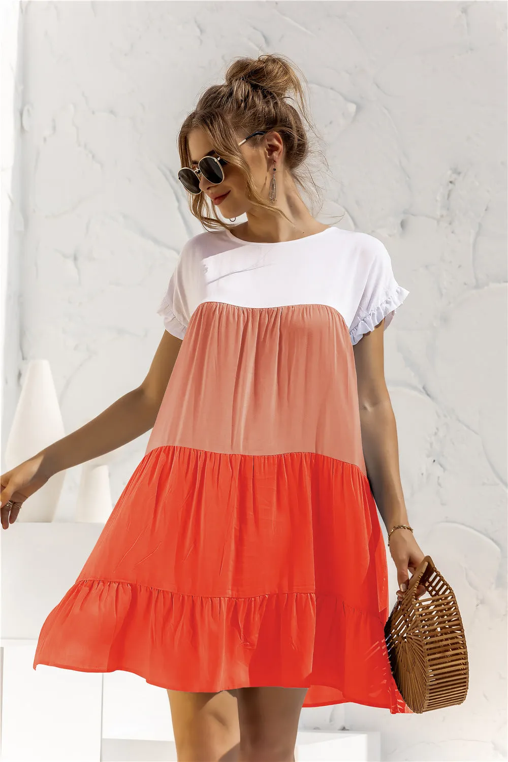 Color Block Round Neck Ruffle Hem Dress