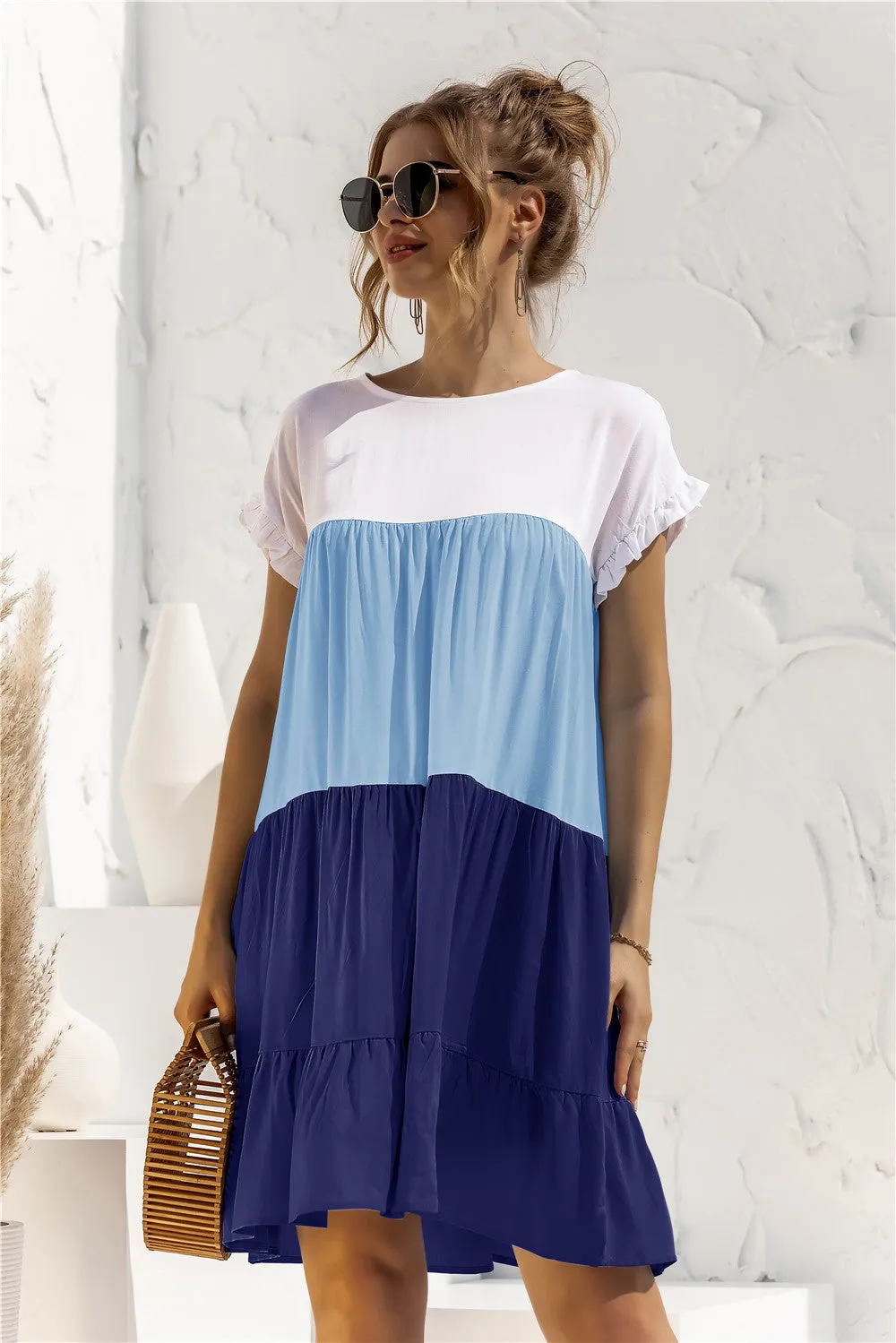 Color Block Round Neck Ruffle Hem Dress