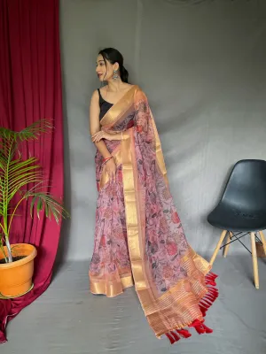 Daisy Pink Saree in Organza Floral Printed with Sequins Jacquard