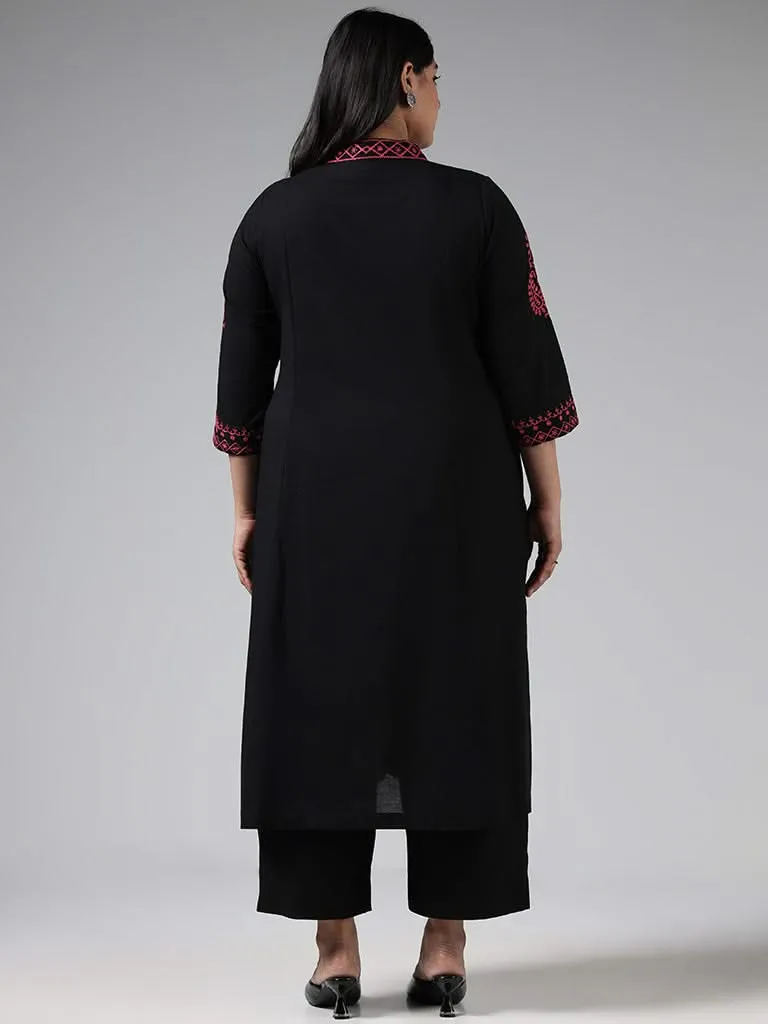 Diza Black Thread Embroidered Cotton Kurta