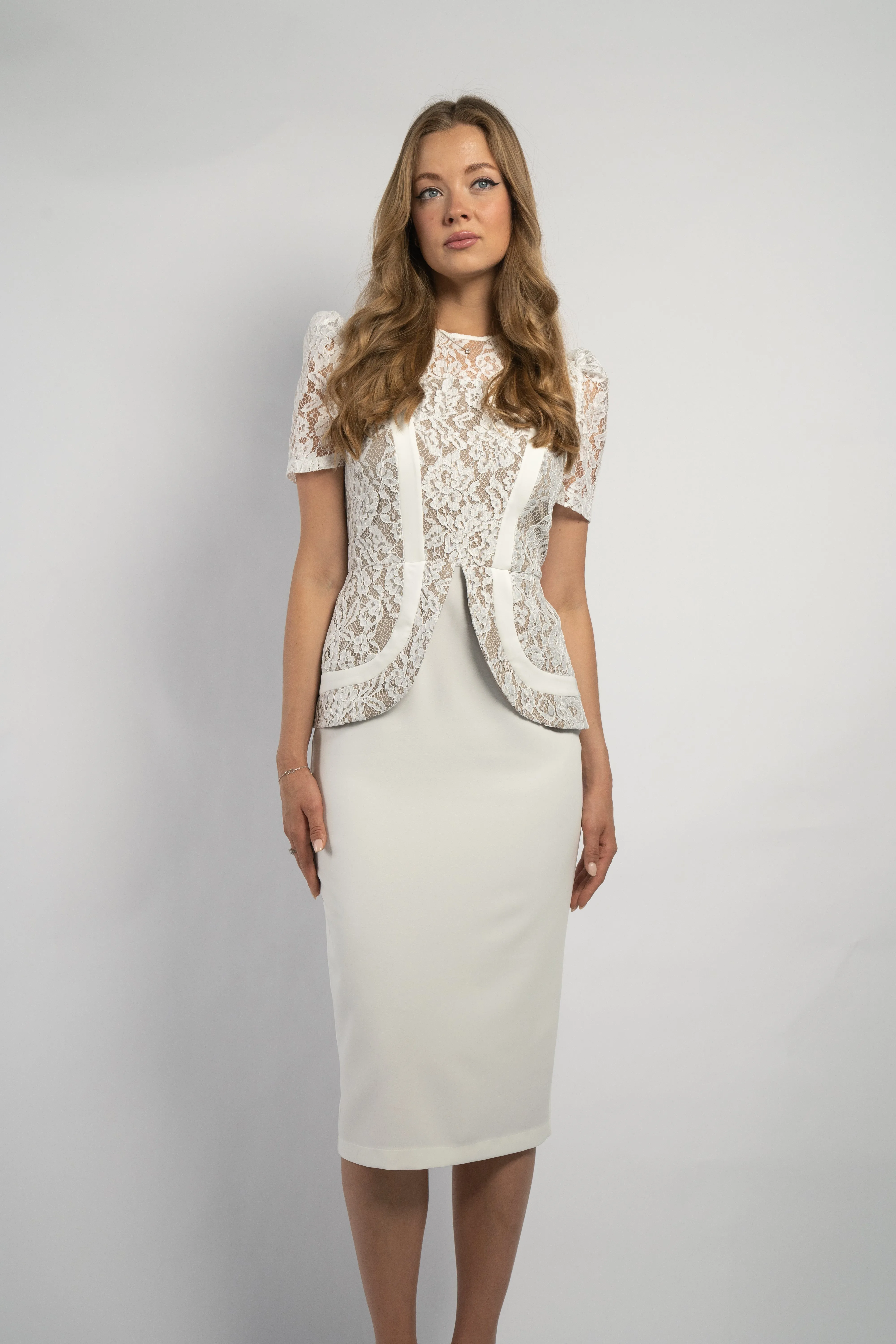 Elegant Lace Panel Dress with Button and Band Detail