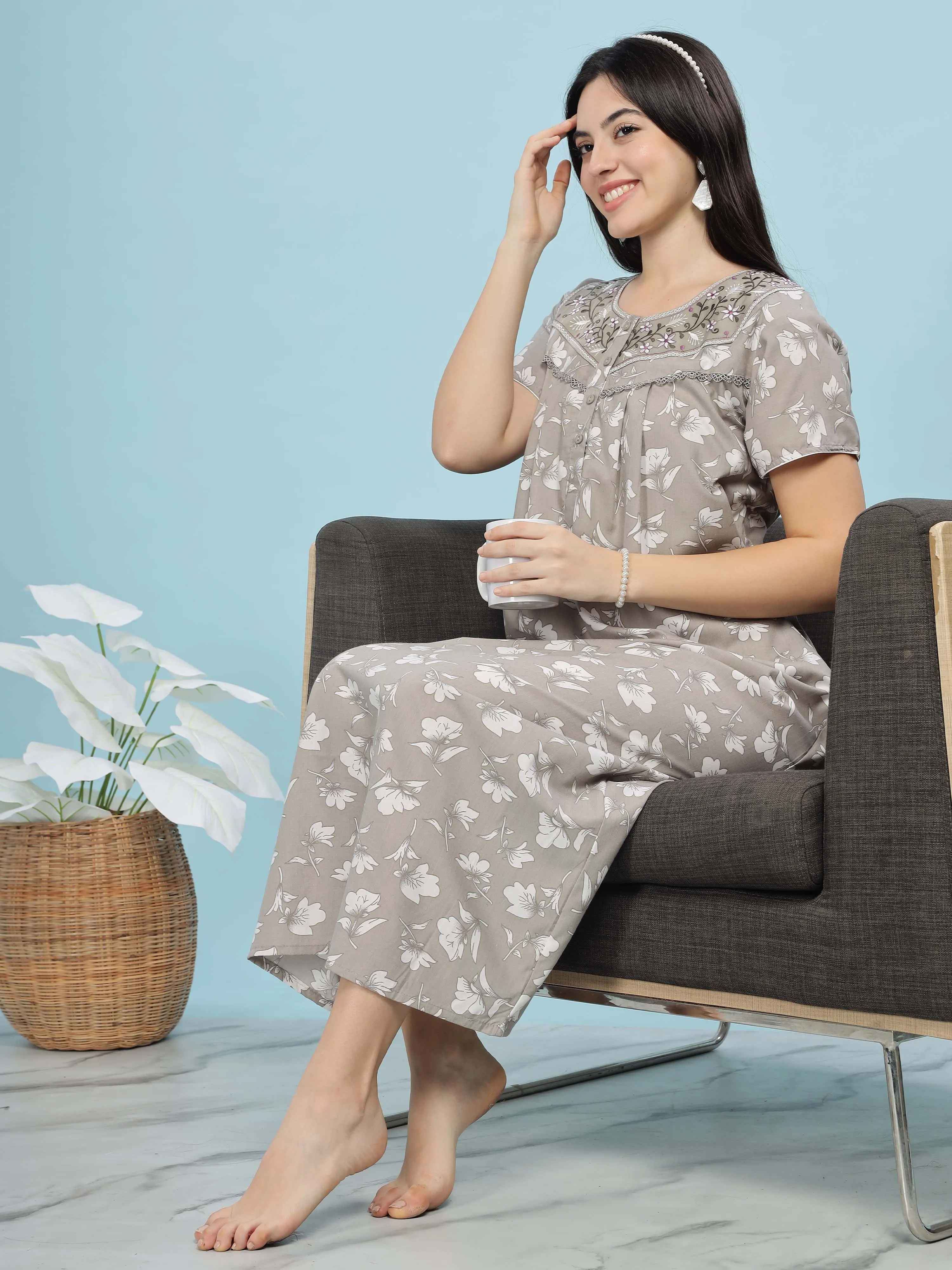 Elegant Light Grey Pleated Designer Nighty with Embroidery & Pocket