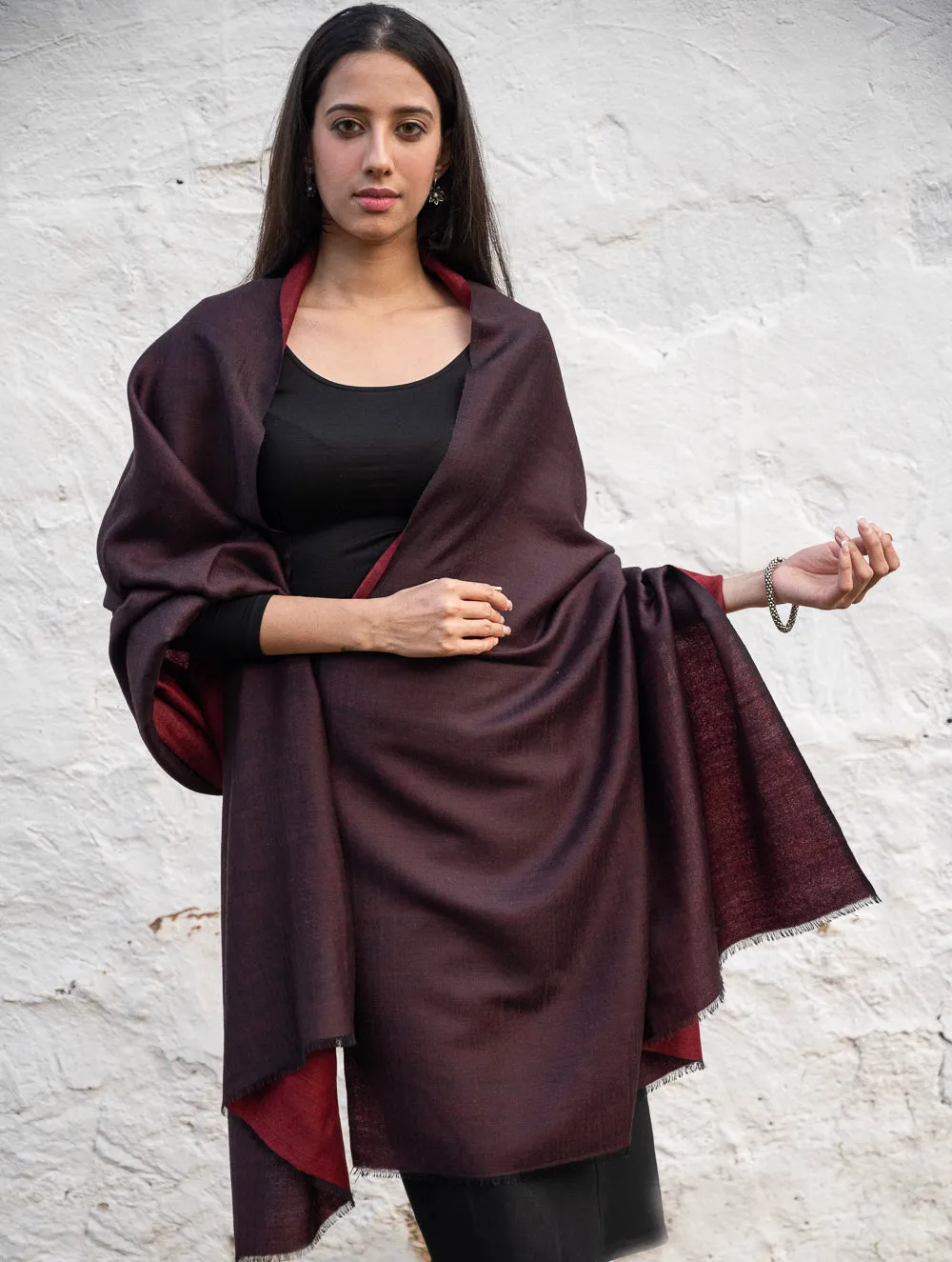 Exclusive Reversible Soft Kashmiri Wool Shawl - Wine Red & Dark Brown