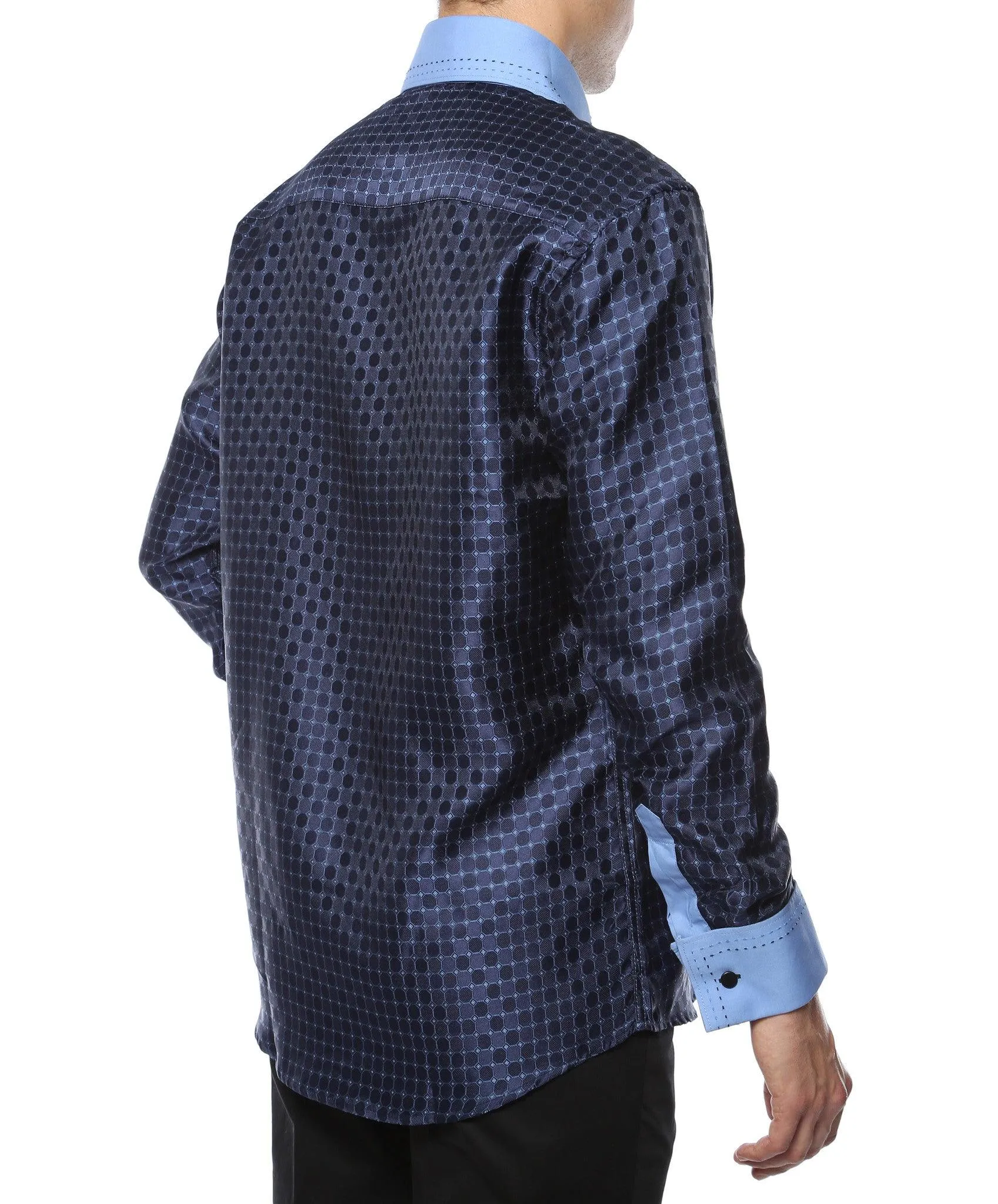 Ferrecci Men's Satine Hi-1011 Blue Repeated Circle Pattern Button Down Dress Shirt