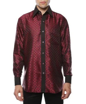 Ferrecci Men's Satine Hi-1023 Burgundy Red and Black Circle Pattern Button Down Dress Shirt