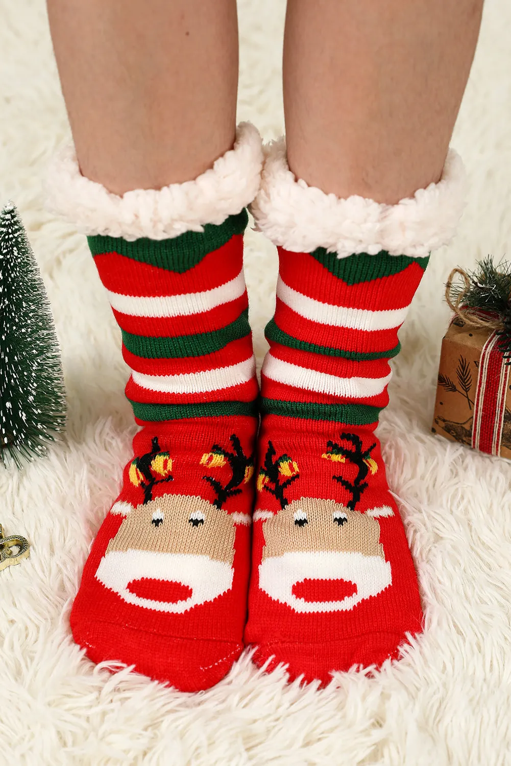 Fiery Red Christmas Cartoon Pattern Woolen Knit Socks