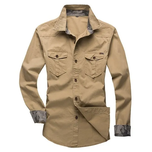 Fit Lapel Long Sleeve Cargo Shirts For Men Big Size Casual Cotton Work Shirts Slim