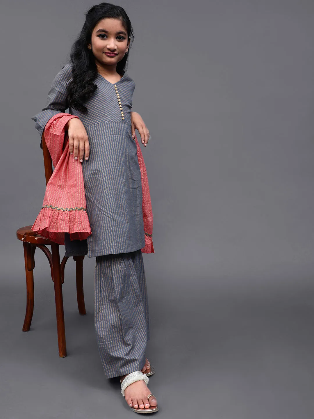 Girl's Grey & Peach Gold Printed Kurta & Palazzo With Dupatta Set - Aks Girls