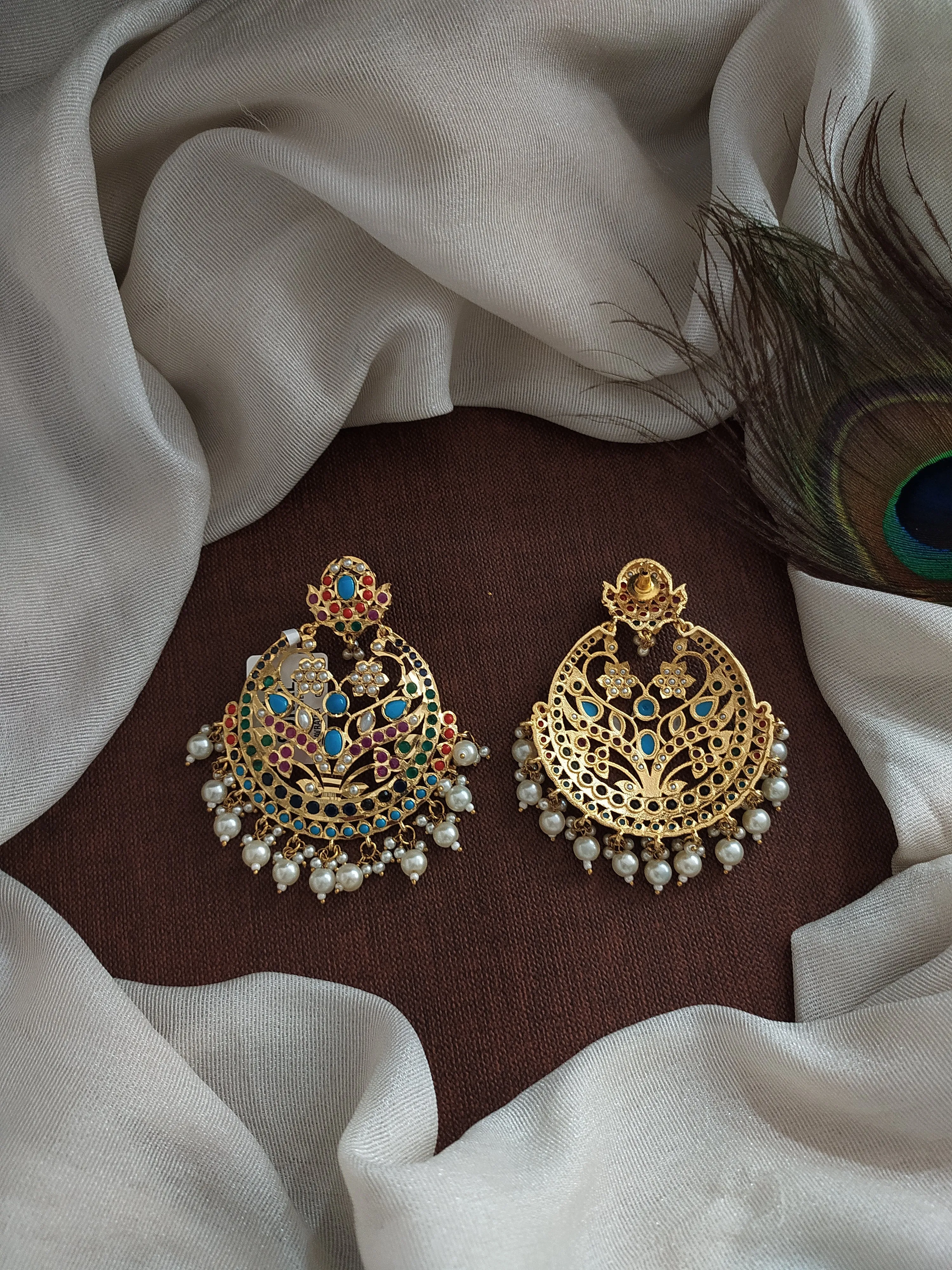 Gold-plated Nizami Chandbali Earrings in Navaratna, Ruby, and Pearls