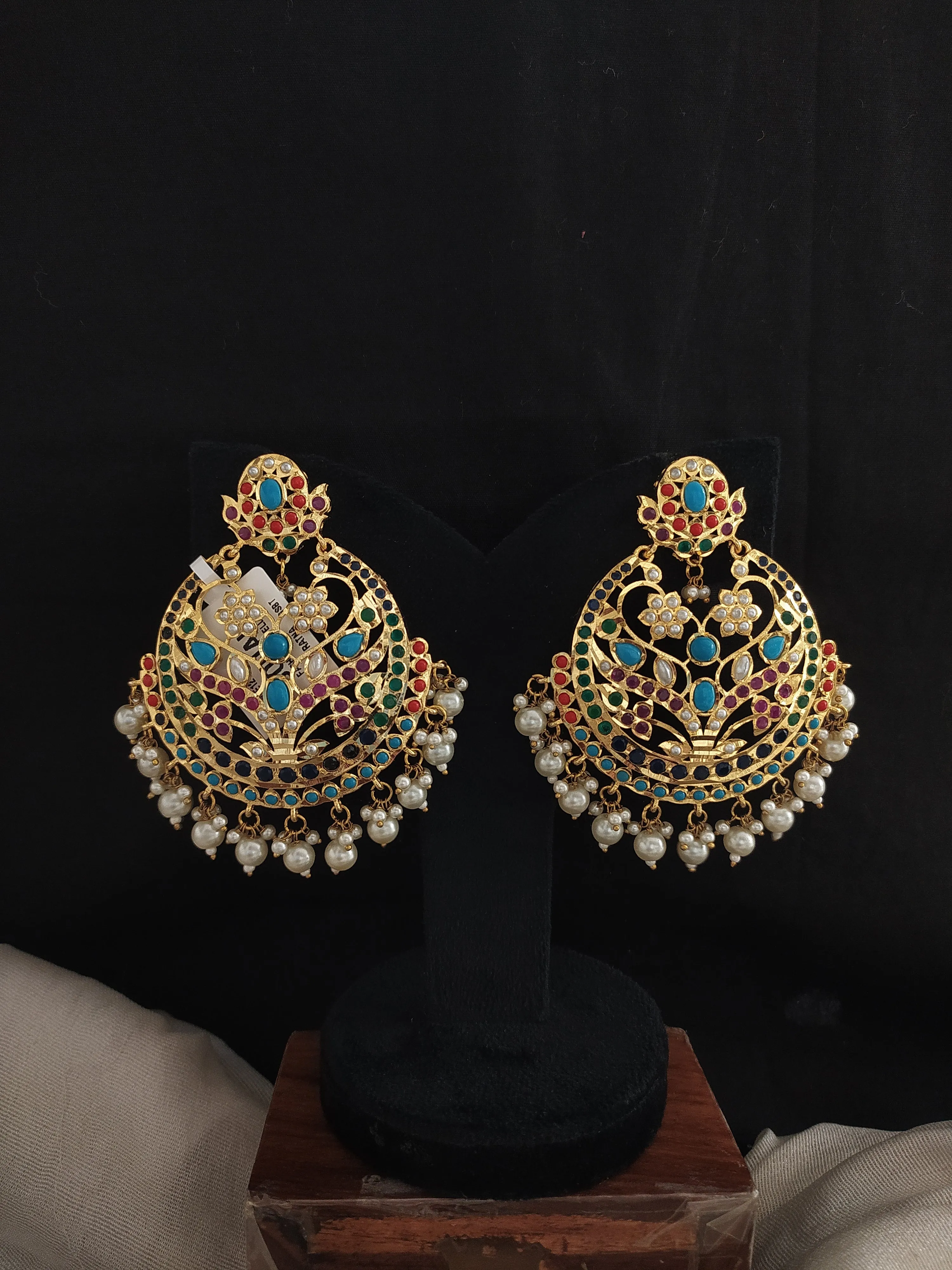 Gold-plated Nizami Chandbali Earrings in Navaratna, Ruby, and Pearls